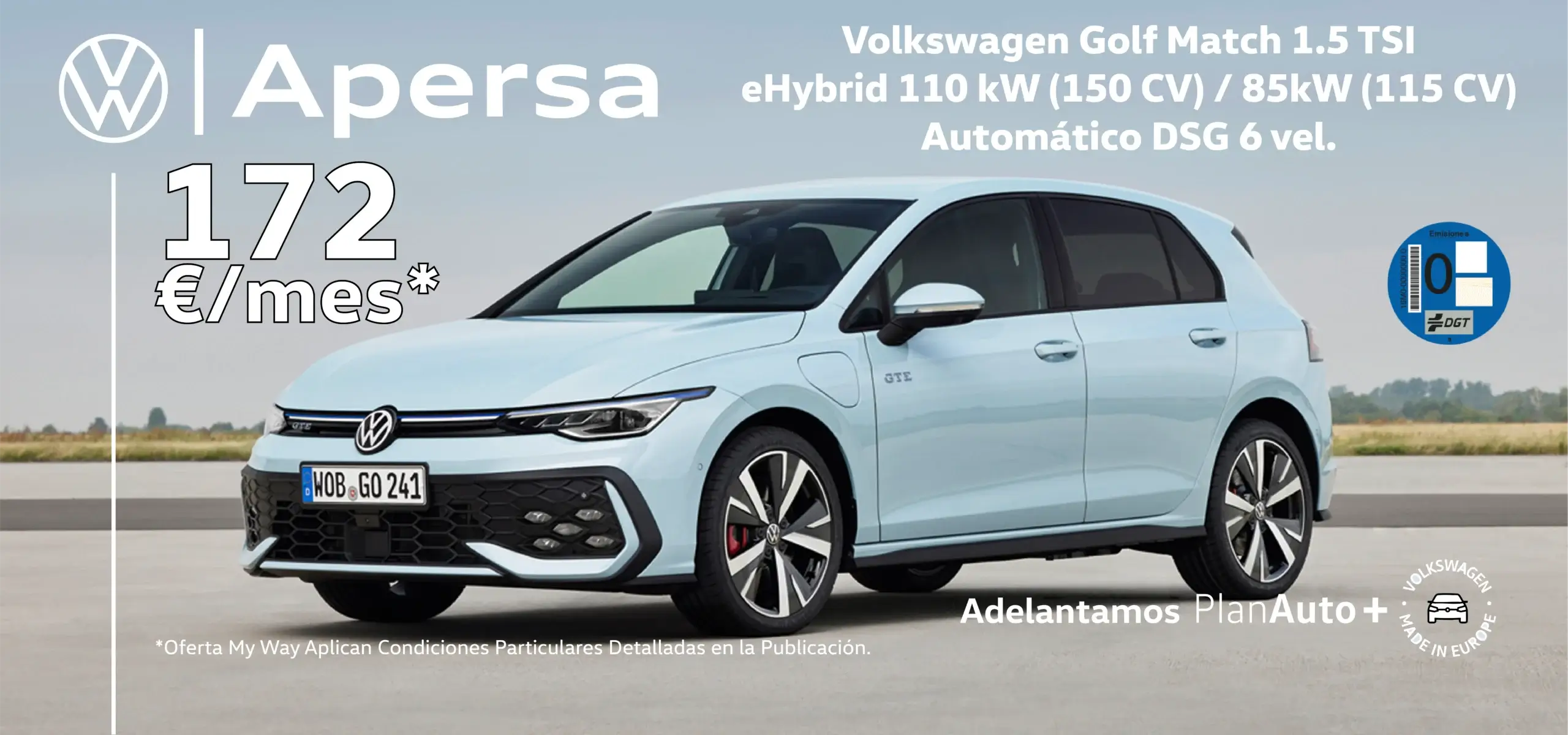 lleva tu Volkswagen Golf eHybrid por tan solo 254€ al mes en Apersa Ourense, Lugo o Burela.
