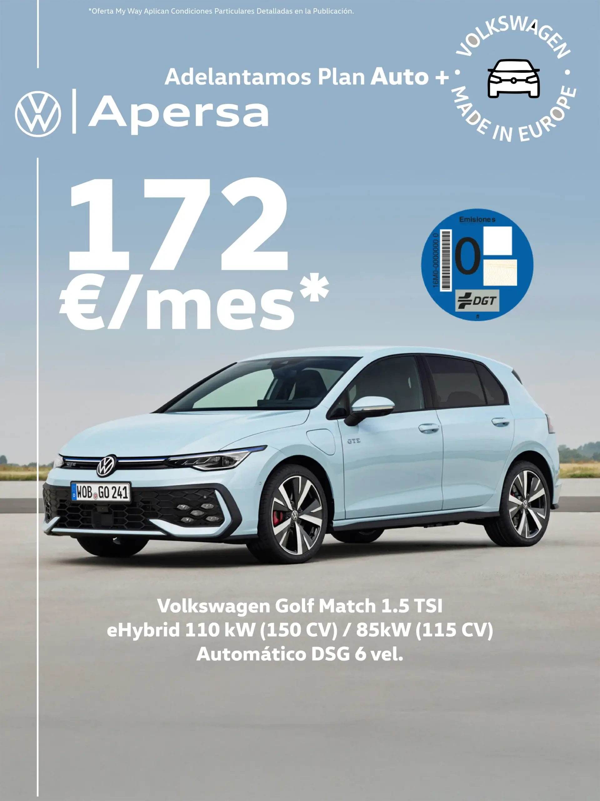 lleva tu Volkswagen Golf eHybrid por tan solo 172€ al mes en Apersa Ourense, Lugo o Burela.